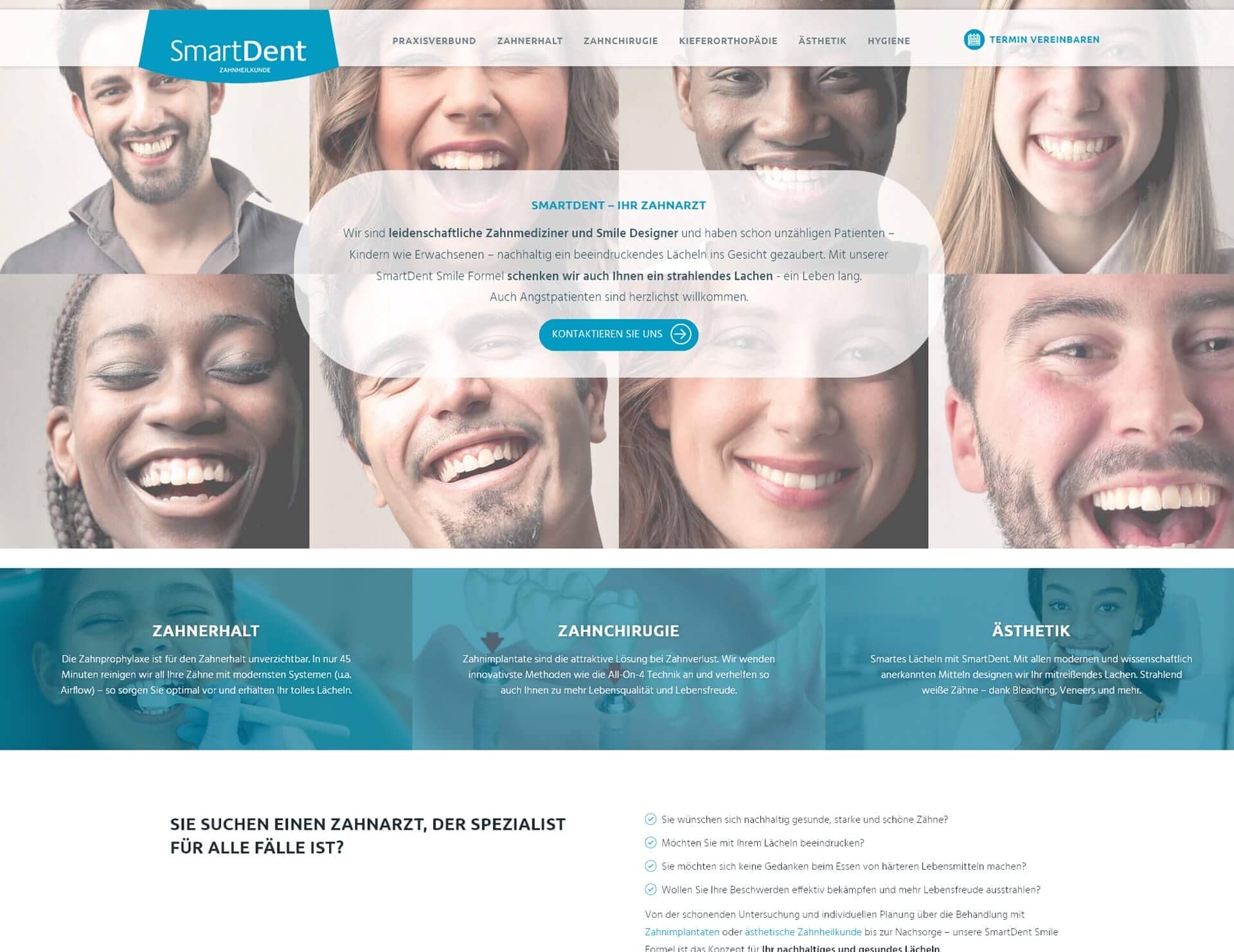 Startseite der Website von SmartDent – als Beispiel für gutes Webdesign