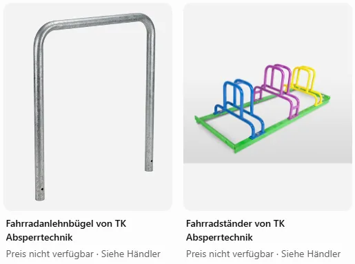 Produktkarten aus der Original-Antwort: Fahrradanlehnbügel und Fahrradständer von TK Absperrtechnik, Preis nicht verfügbar