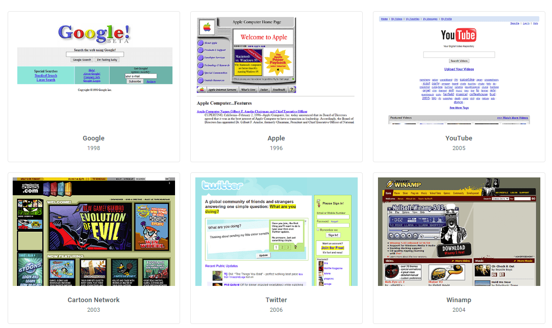 Ein Ausschnitt des Interface vom Webdesign Museum, auf dem man alte Versionen bekannter Seiten wie Youtube, Google, Twitter, etc. sieht.