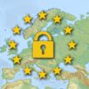 Europa Karte mit europäischen Symbol und Schloss in der Mitte