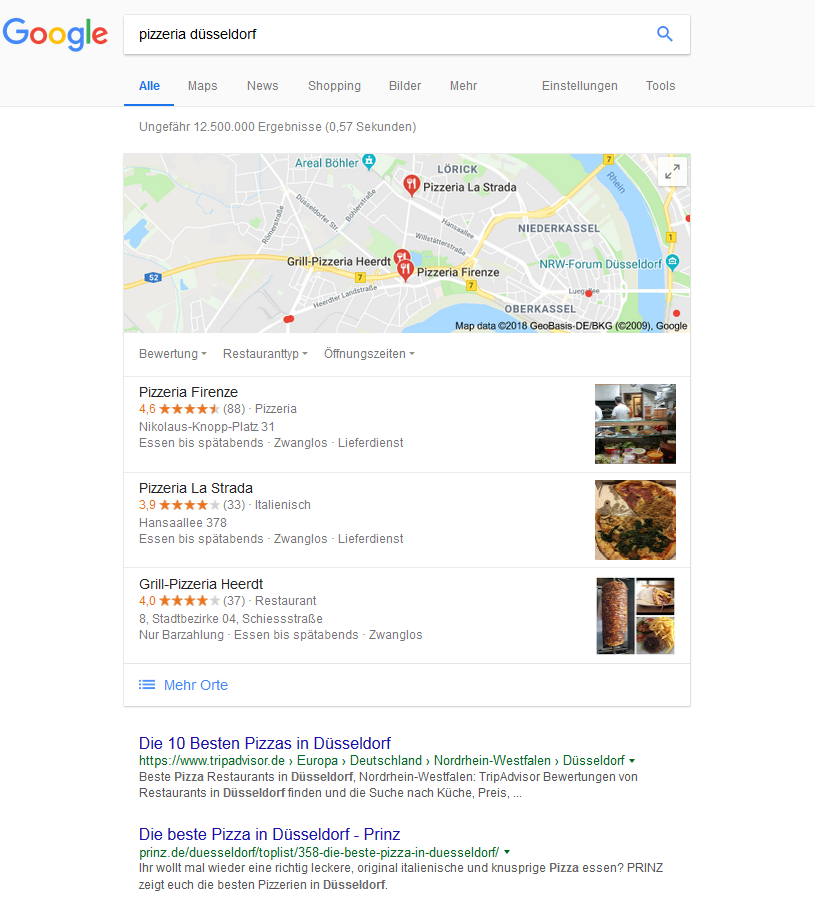 Google Local Pack für das Suchwort "Pizzeria Düsseldorf: Zu sehen ist eine Karte mit eingezeichneten Standorten von Pizzerien und darunter drei Einträge von Pizzerien mit Kontaktinformationen.
