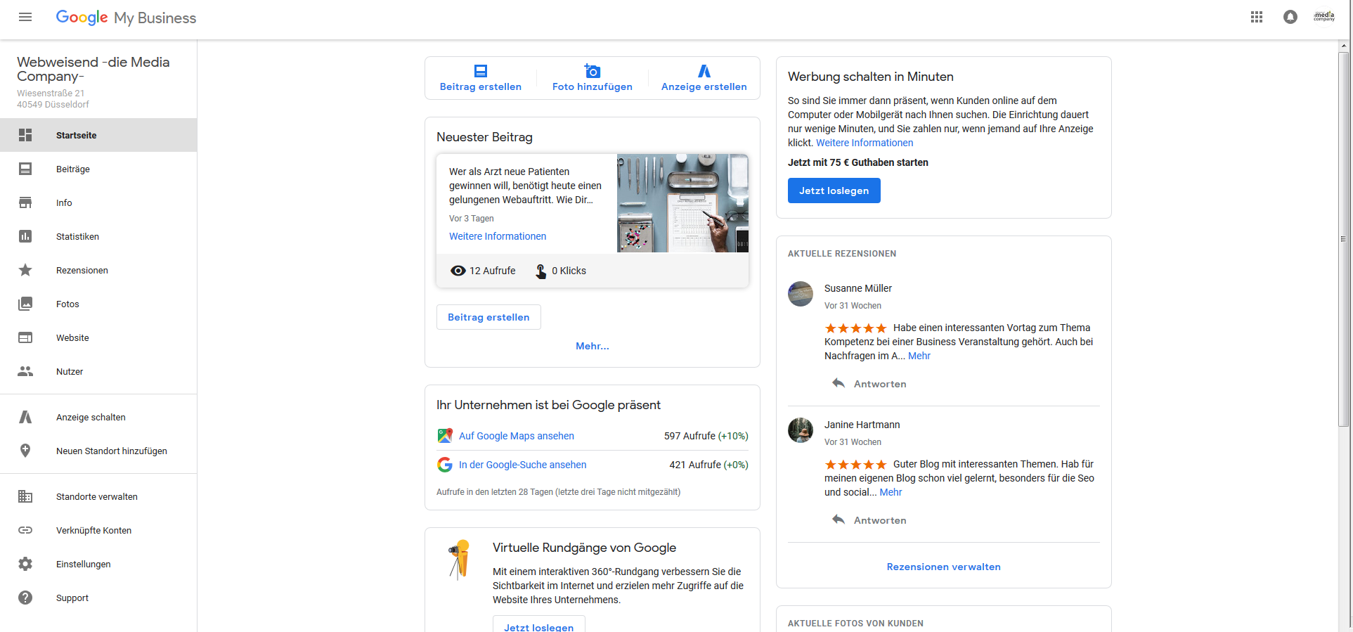 Google My Business Dashboard zur Verwaltung des Unternehmenseintrags