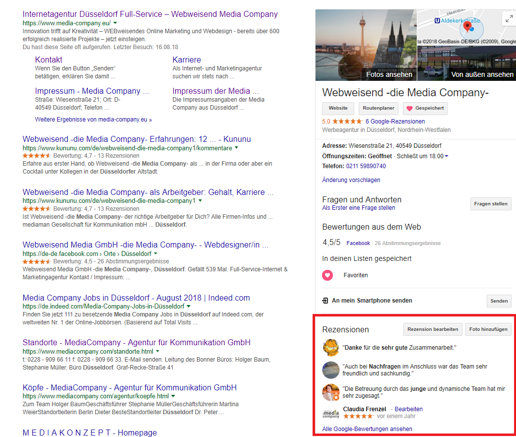 Screenshot einer Google Suche auf dem Desktop, auf dem Rezensionen im Google My Business Eintrag angezeigt werden