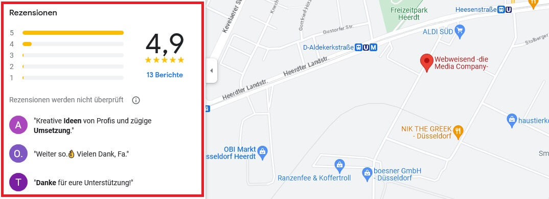 Screenshot einer Google Maps Karte auf dem Desktop, auf dem auf der linken Seite Rezensionen angezeigt werden