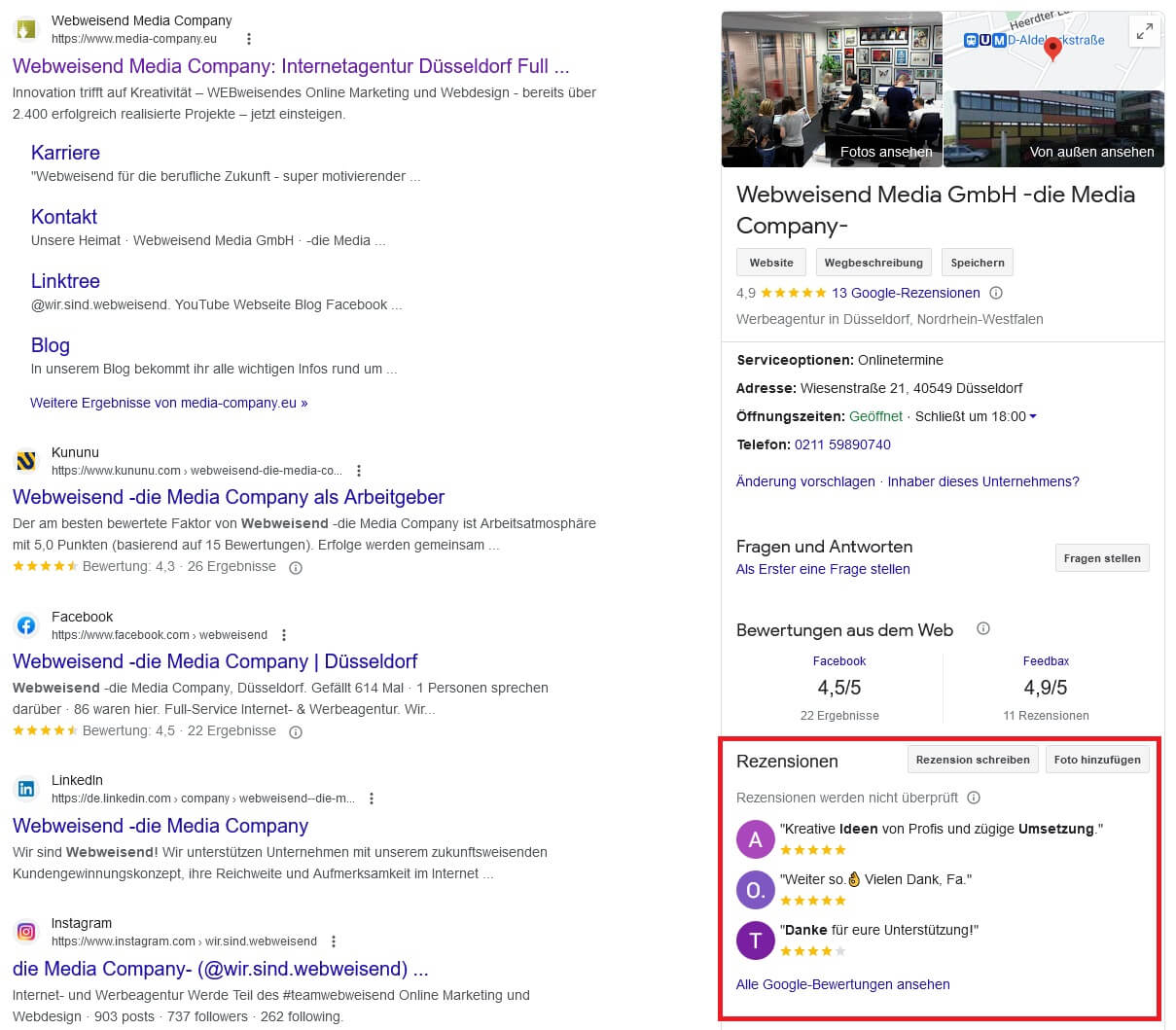 Screenshot einer Google Suche auf dem Desktop, auf dem Rezensionen des Google Unternehmensprofil Eintrags angezeigt werden