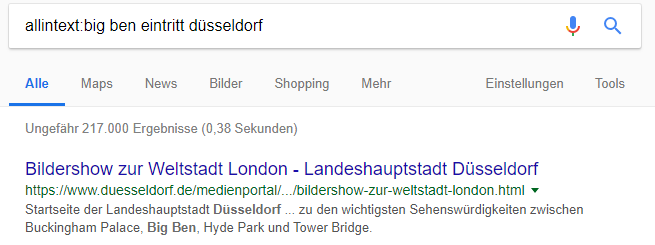 Suchergebnisse einer Google-Suchanfrage mit Suchoperator allintext - „allintext:big ben eintritt düsseldorf“