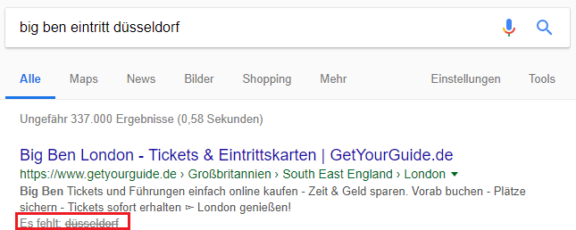 Google-Suchergebnisse, in der Suchbegriffe fehlen - „big ben eintritt düsseldorf“