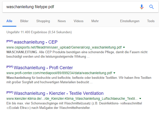 Suchergebnisse einer Google-Suchanfrage mit dem Suchoperator Filetype – am Beispiel „Waschanleitung filetype:pdf“