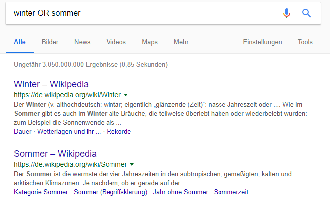 Suchergebnisse einer Google-Suchanfrage nach Sommer oder Winter mit dem Suchbefehl „Oder“