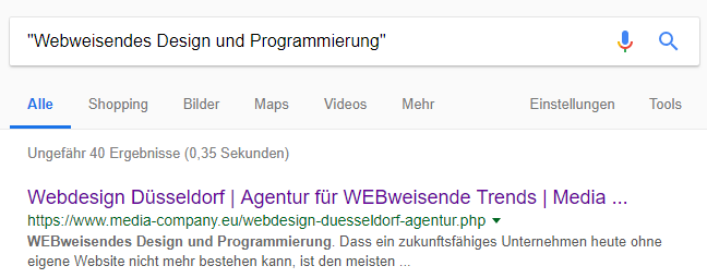 Im Google Suchbefehl ist eine Suchphrase in Anführungszeichen gesetzt, das erste Suchergebnis stimmt exakt mit der Anfrage überein