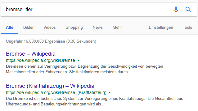 Suchergebnisse einer Google-Suchanfrage mit Suchoperator - „Bremse -Tier“