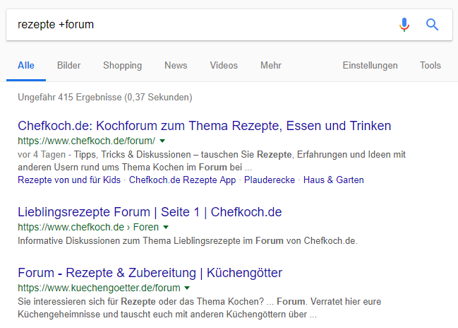 Suchergebnisse einer Google-Suchanfrage mit Plus-Suchoperator - „Rezepte +forum“