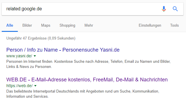 Suchergebnisse einer Suchanfrage mit dem Suchoperator related: – am Beispiel „related:google.de“