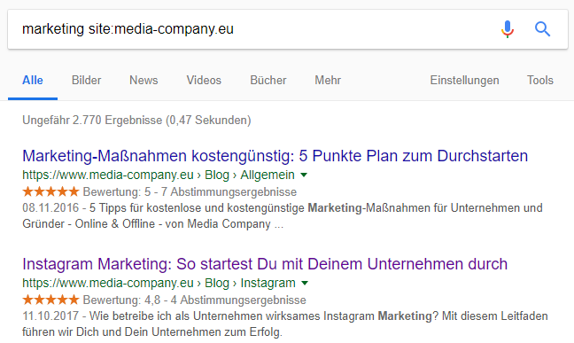 Suchergebnisse einer Google-Suchanfrage mit dem Suchoperator site: – am Beispiel „marketing site:media-company.eu“