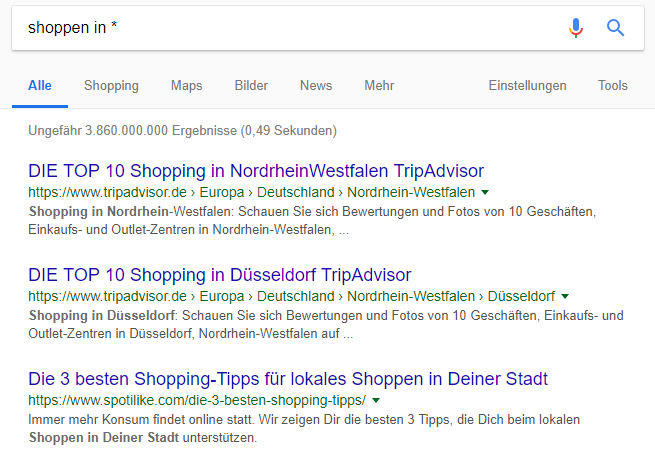 Suchergebnisse einer Google-Suchanfrage mit Platzhalter - „Shoppen in *“