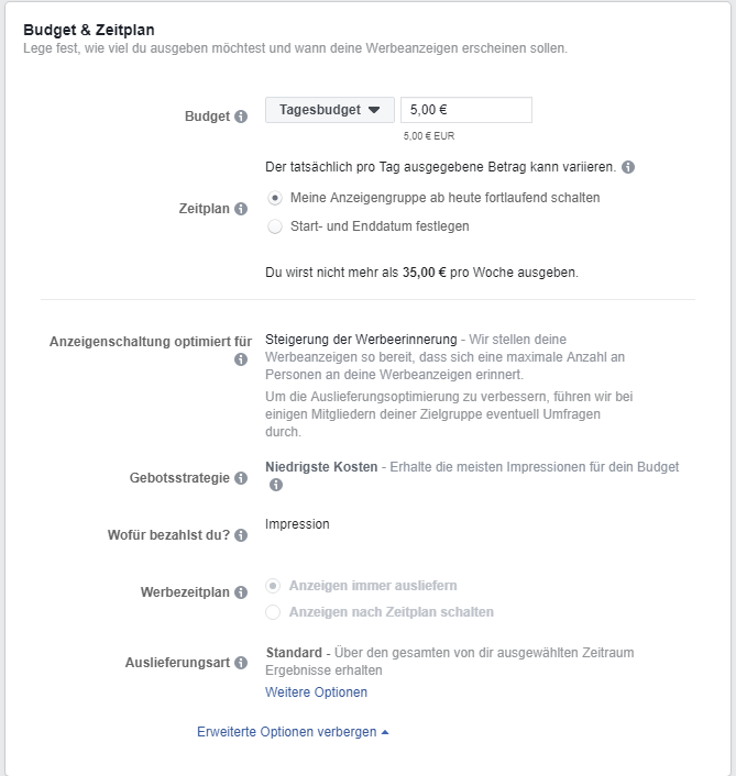 Einstellmöglichkeiten zu Budget und Zeitplan der Facebook Ads