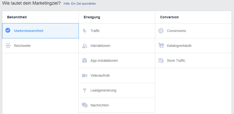 Auswahlmöglichkeiten der Marketingziele für Facebook Ads