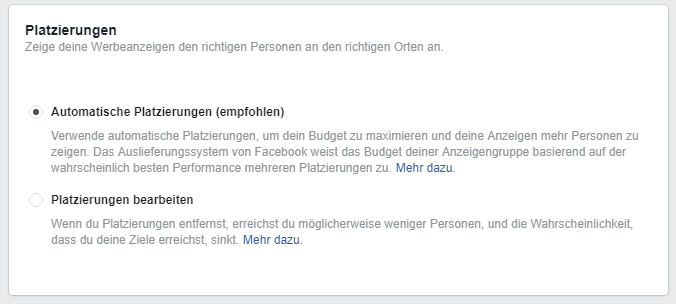 Auswahlmöglichkeiten der Platzierung Deiner Facebook Ads