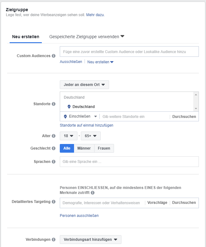 Auswahlmöglichkeiten zur Bestimmung der Zielgruppe der Facebook Ads