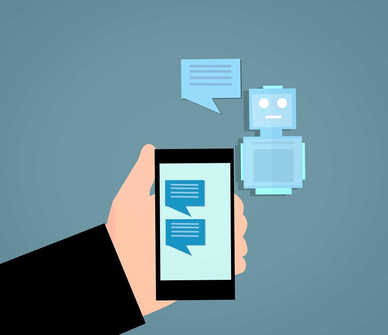 Grafik einer Hand, die ein Smartphone hält. Auf dem Display ein Chat. Im Hintergrund ein Roboter mit Sprechblase.