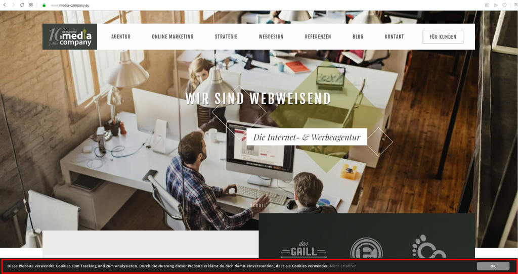 Screenshot der Webseite von Webweisend - die Media Company mit markierter Cookie-Leiste.