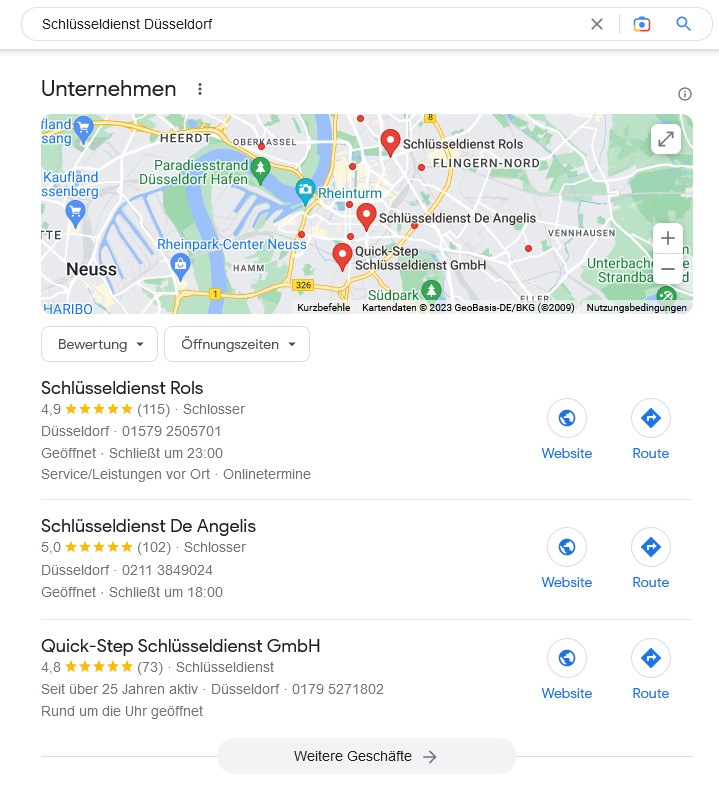 Screenshot der Ergebnisliste Schlüsseldienst Düsseldorf