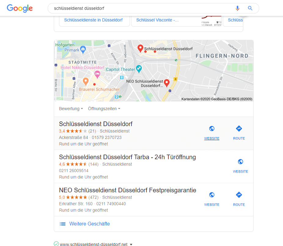 Screenshot der Ergebnisliste Schlüsseldienst Düsseldorf