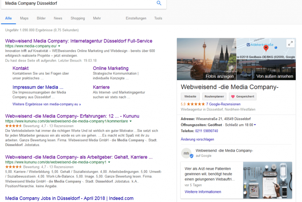 Google Ergebnisseite der Webweisend Media Company