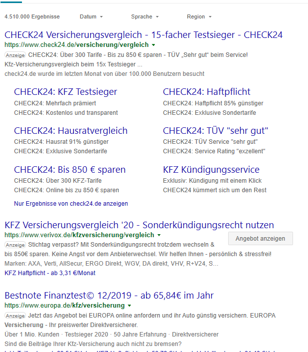 Google Ergebnisseite verschiedener Versicherungen