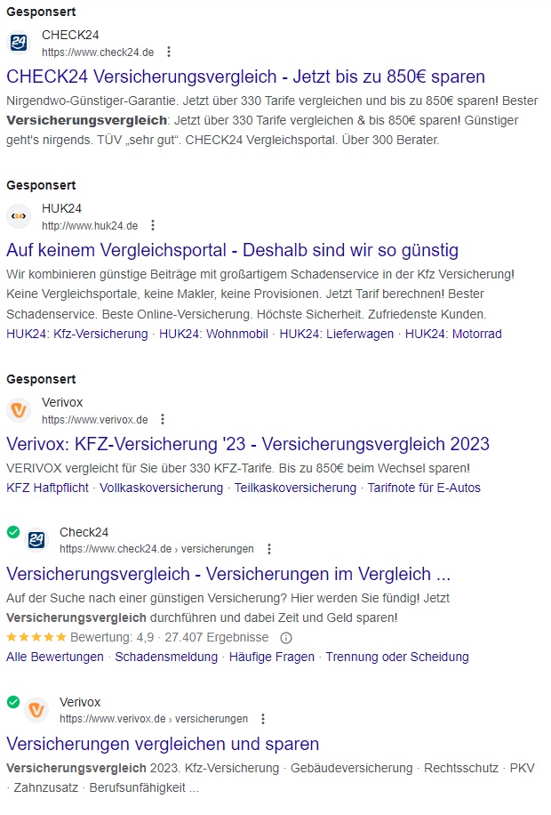 Google Ergebnisseite verschiedener Versicherungen