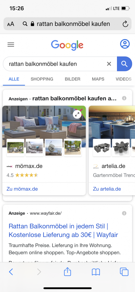 Screenshot Google Shopping Anzeigen bei transaktionaler Suchintention