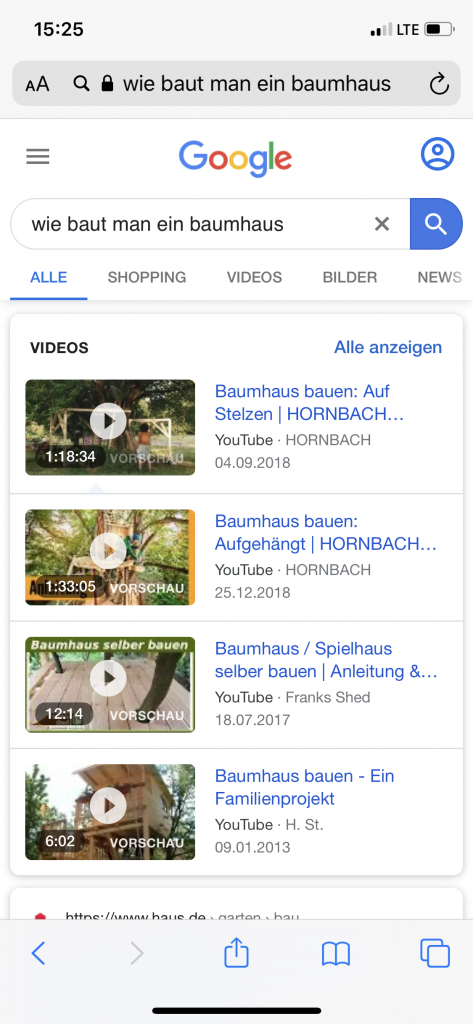 Screenshot Googlee Video Suchergebnisse zu "Wie baut man ein Baumhaus" - Blog: Was ist die Suchintention