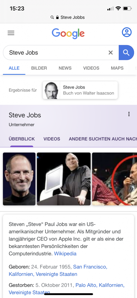 Screenshot Knowledge Graph bei Suchanfragen nach Steve Jobs