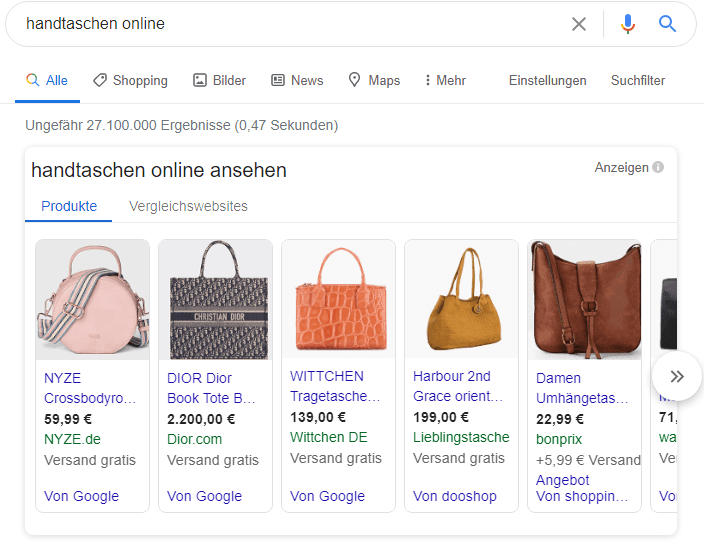 Vorschau der Google Shopping Ansicht auf der Google Suchergebnis-Seite