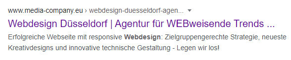Metadaten der Unterseite Webdesign von Webweisend auf der Google Suchergebnisseite