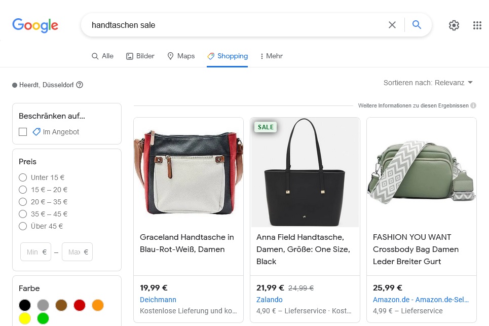 Vorschau der Google Shopping Ansicht auf der Google Suchergebnis-Seite