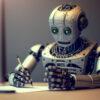 KI-Roboter sitzt am Schreibtisch und schreibt mit einem Stift auf Papier Antworten auf.