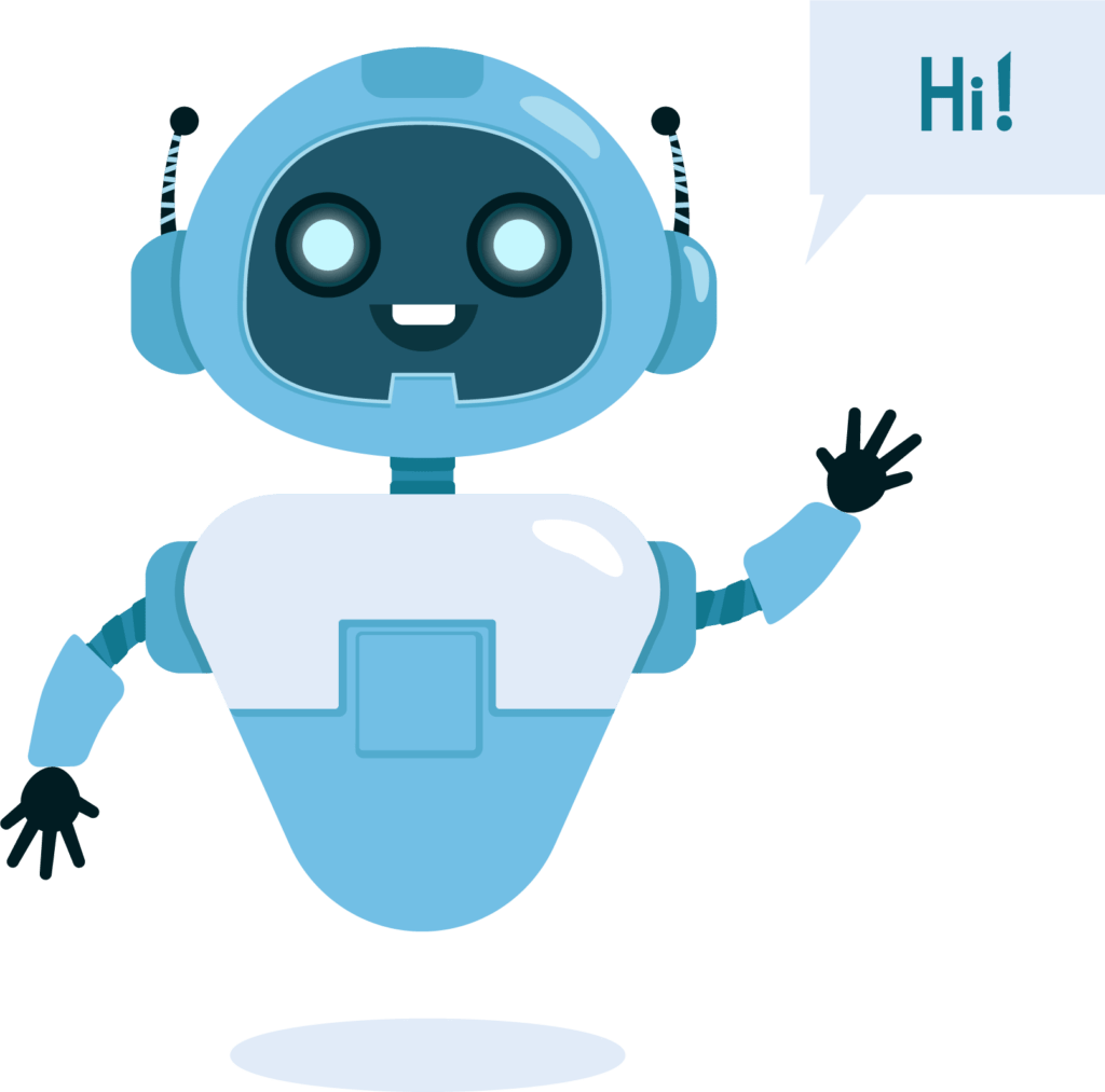 Ein kleiner KI-Roboter winkt und sagt "Hi".