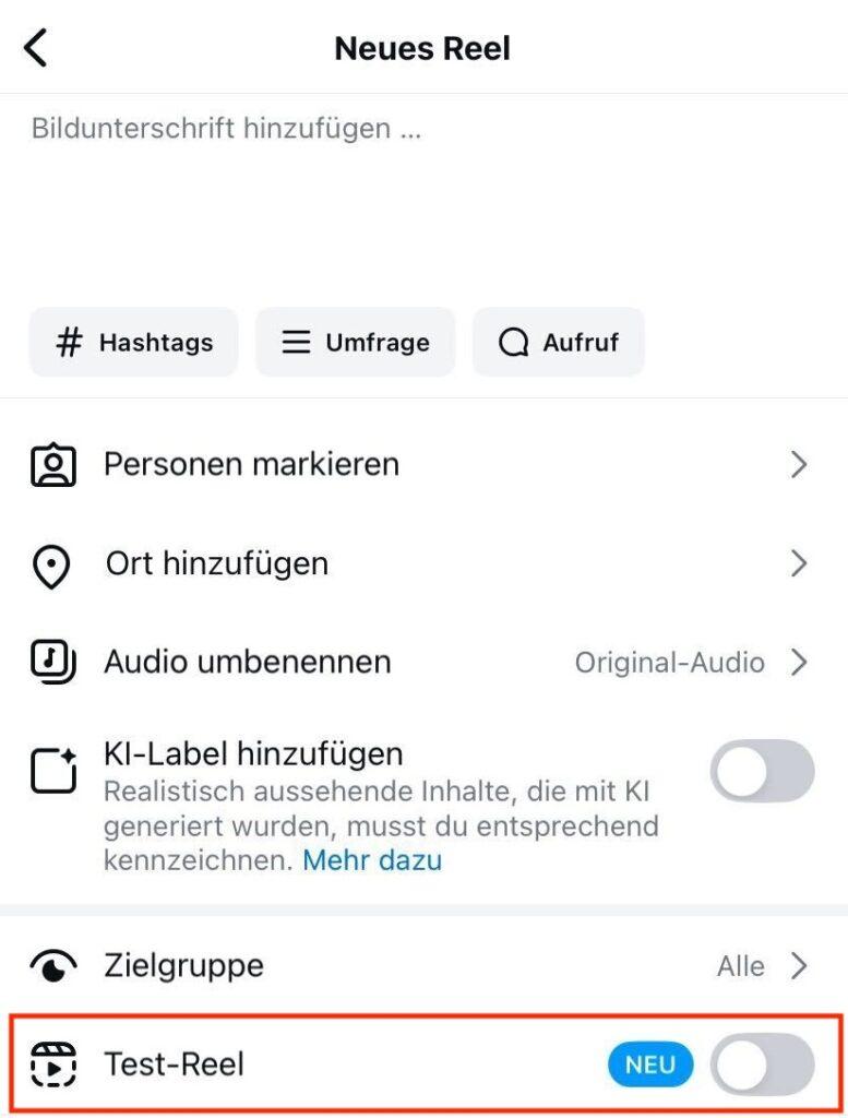 Screenshot des Reels-Interface, welcher die neue Funktion "Test-Reels" zeigt.