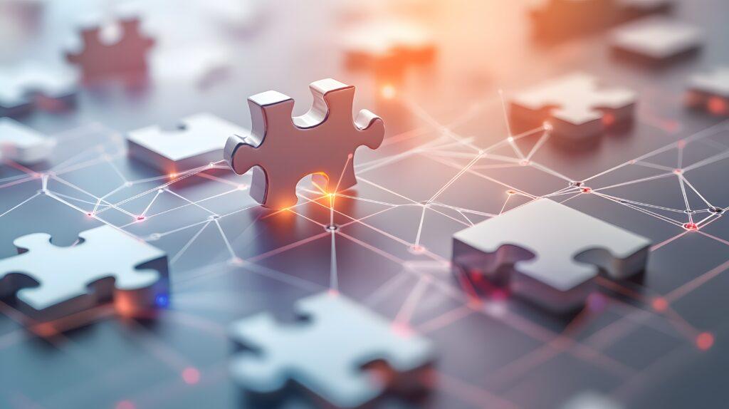 Darstellung eines Netzwerks auf dem Puzzleteile verteilt sind.