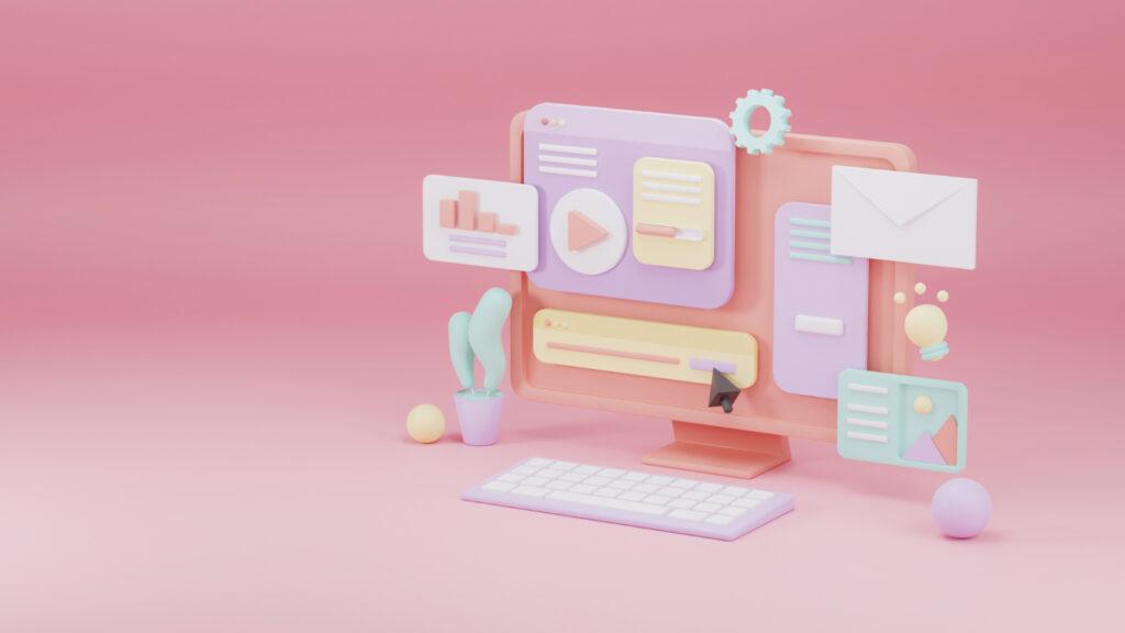 3D Modell eines Computers mit Webdesign-Elementen wie in einem Pagebuilder.