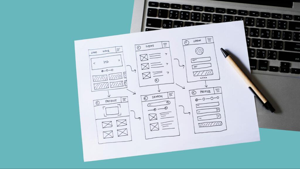 Schematisch geplantes und aufgezeichnetes Website-Layout.