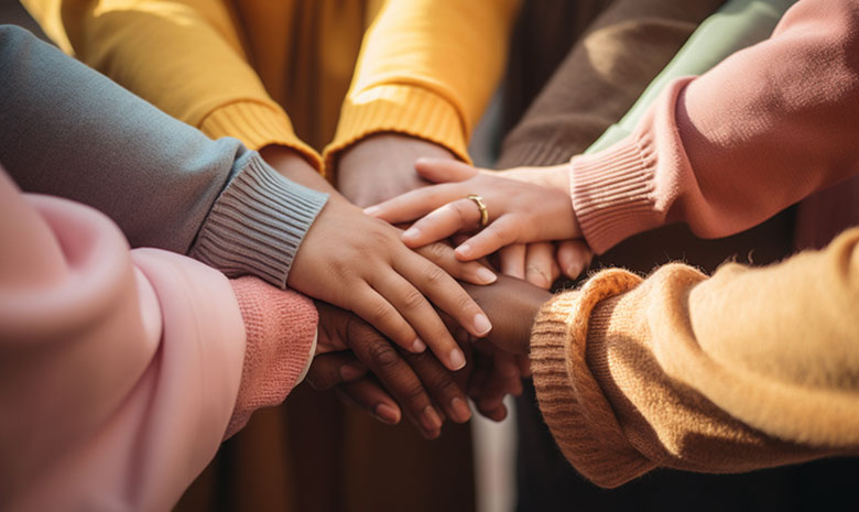 Mehrere Hände liegen übereinander als Zeichen für Teamwork und die gemeinsame Umsetzung von Projekten