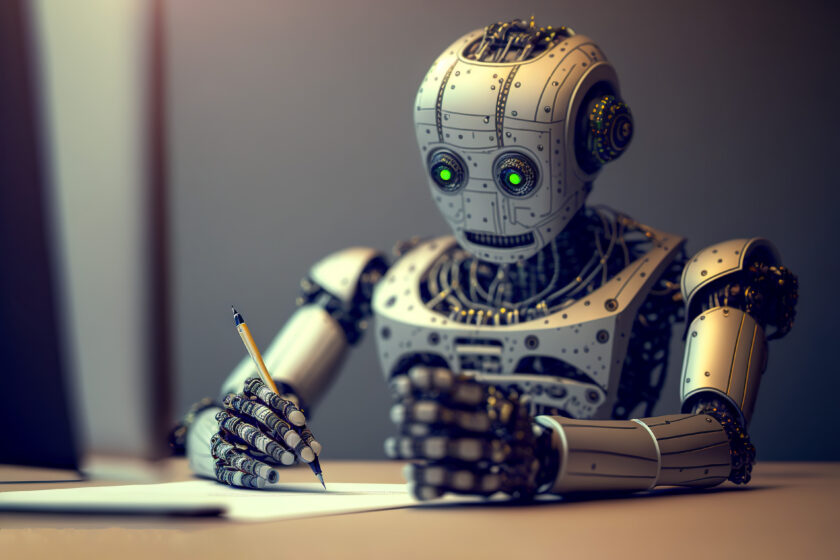 Roboter, der mit Stift und Papier einen Text schreibt.