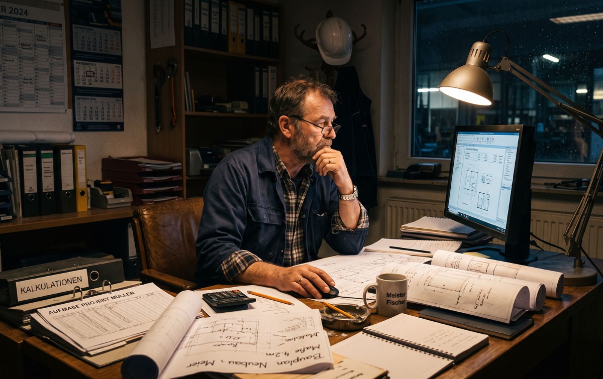 Handwerksmeister abends allein im Büro, Kalkulation und Aufmaß auf dem Schreibtisch