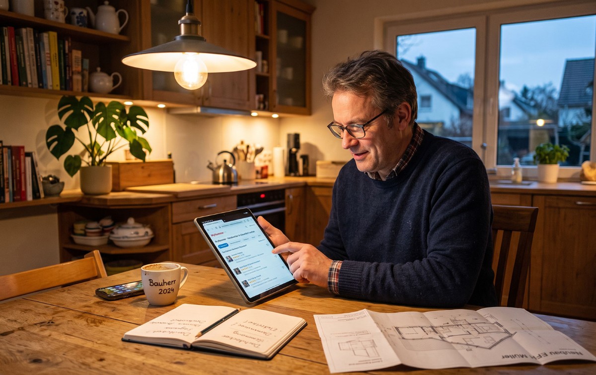Bauherr abends am Küchentisch, sucht auf dem Tablet nach einem Handwerksbetrieb