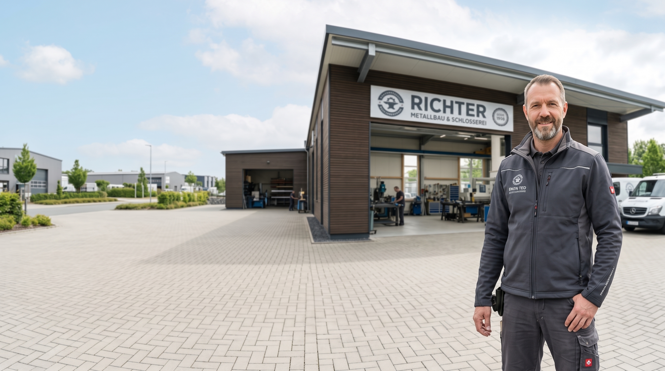 Handwerksmeister vor seiner Werkstatt, Blick zum Betrachter